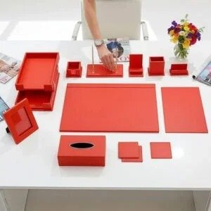 RitPin Luxury Executive Leather Desk Organizer Set – 11-Piece Office Desk Accessories with Desk Pad, Letter Tray, Phone Stand, Pen Holder & Coasters – Professional Office Desk Decor & Gift (Orange) : Office Products